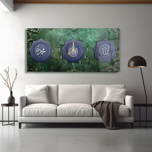 GLASS TABLE WITH CLOCK AND WRITTEN VERSE OF ALLAH (CC) AND MUHAMMAD (PBUH)