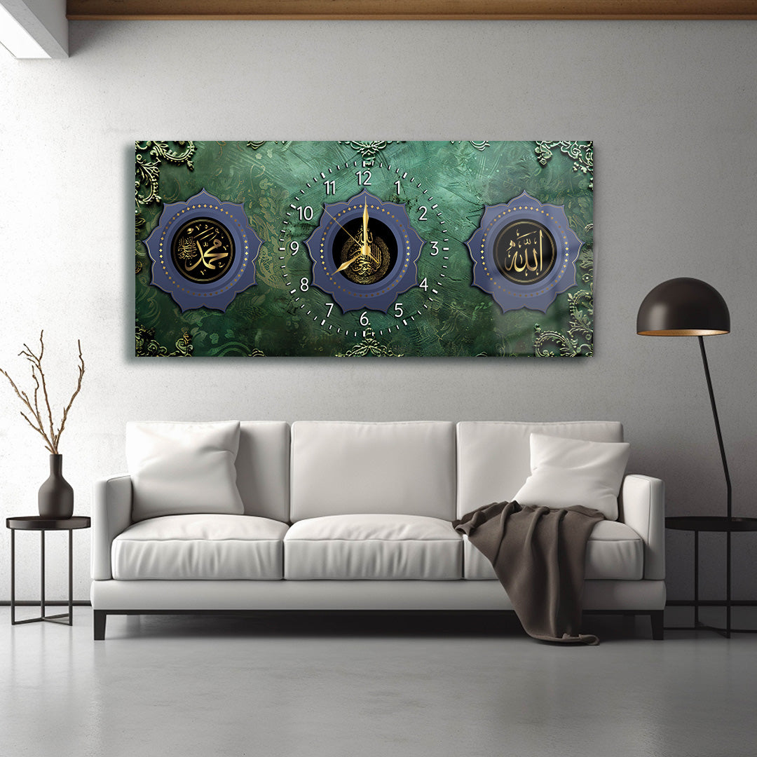 GLASS TABLE WITH CLOCK AND WRITTEN VERSE OF ALLAH (CC) AND MUHAMMAD (PBUH)
