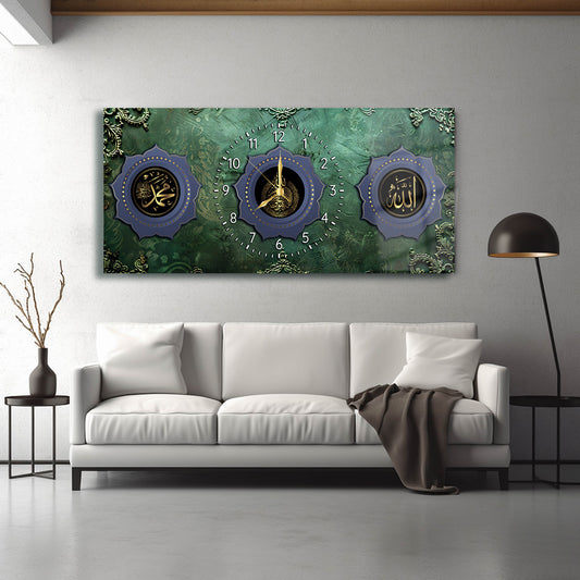 GLASS TABLE WITH CLOCK AND WRITTEN VERSE OF ALLAH (CC) AND MUHAMMAD (PBUH)