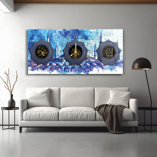 GLASS TABLE WITH CLOCK AND WRITTEN VERSE OF ALLAH (CC) AND MUHAMMAD (PBUH)