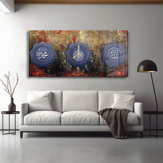 GLASS TABLE WITH CLOCK AND WRITTEN VERSE OF ALLAH (CC) AND MUHAMMAD (PBUH)