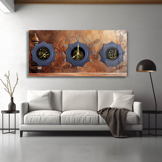 GLASS TABLE WITH CLOCK AND WRITTEN VERSE OF ALLAH (CC) AND MUHAMMAD (PBUH)