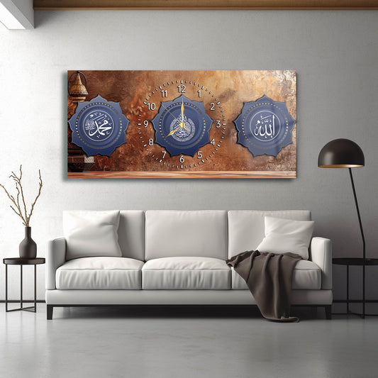 GLASS TABLE WITH CLOCK AND WRITTEN VERSE OF ALLAH (CC) AND MUHAMMAD (PBUH)