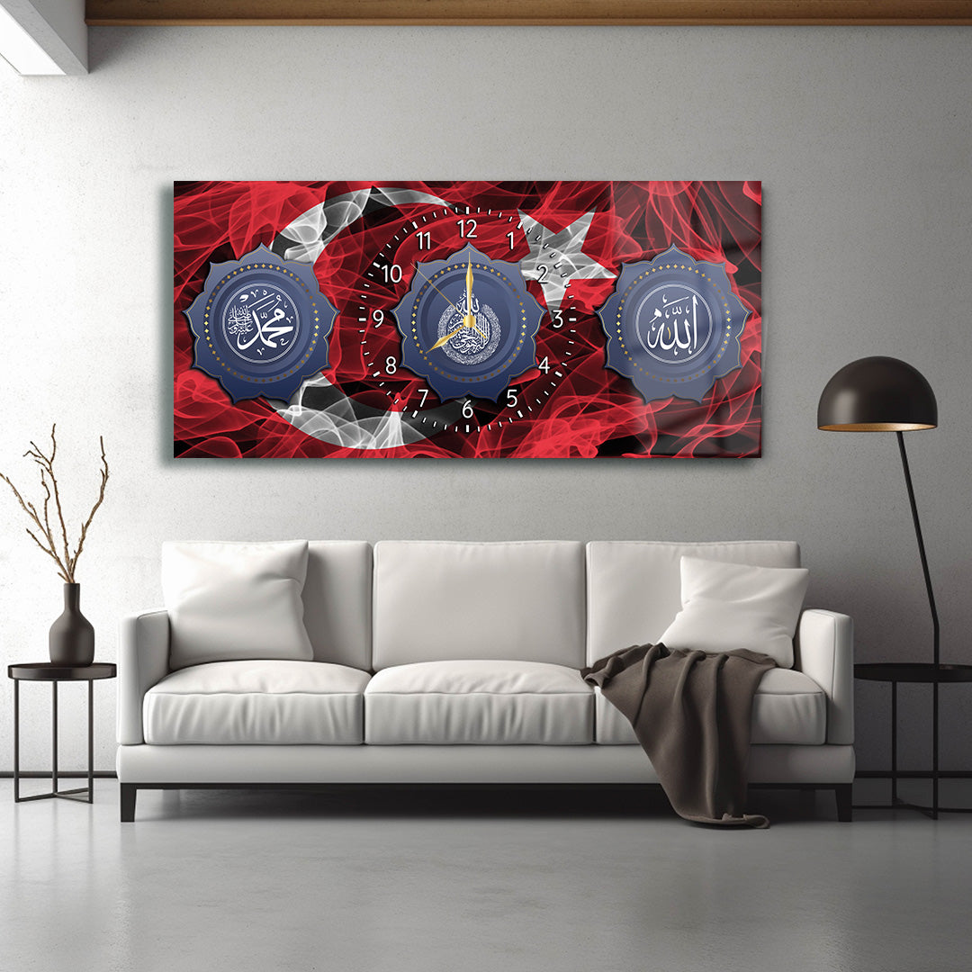 GLASS TABLE WITH CLOCK AND WRITTEN VERSE OF ALLAH (CC) AND MUHAMMAD (PBUH)