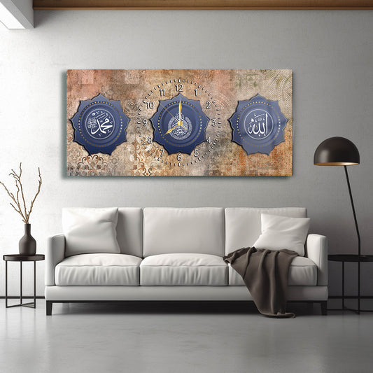 GLASS TABLE WITH CLOCK AND WRITTEN VERSE OF ALLAH (CC) AND MUHAMMAD (PBUH)