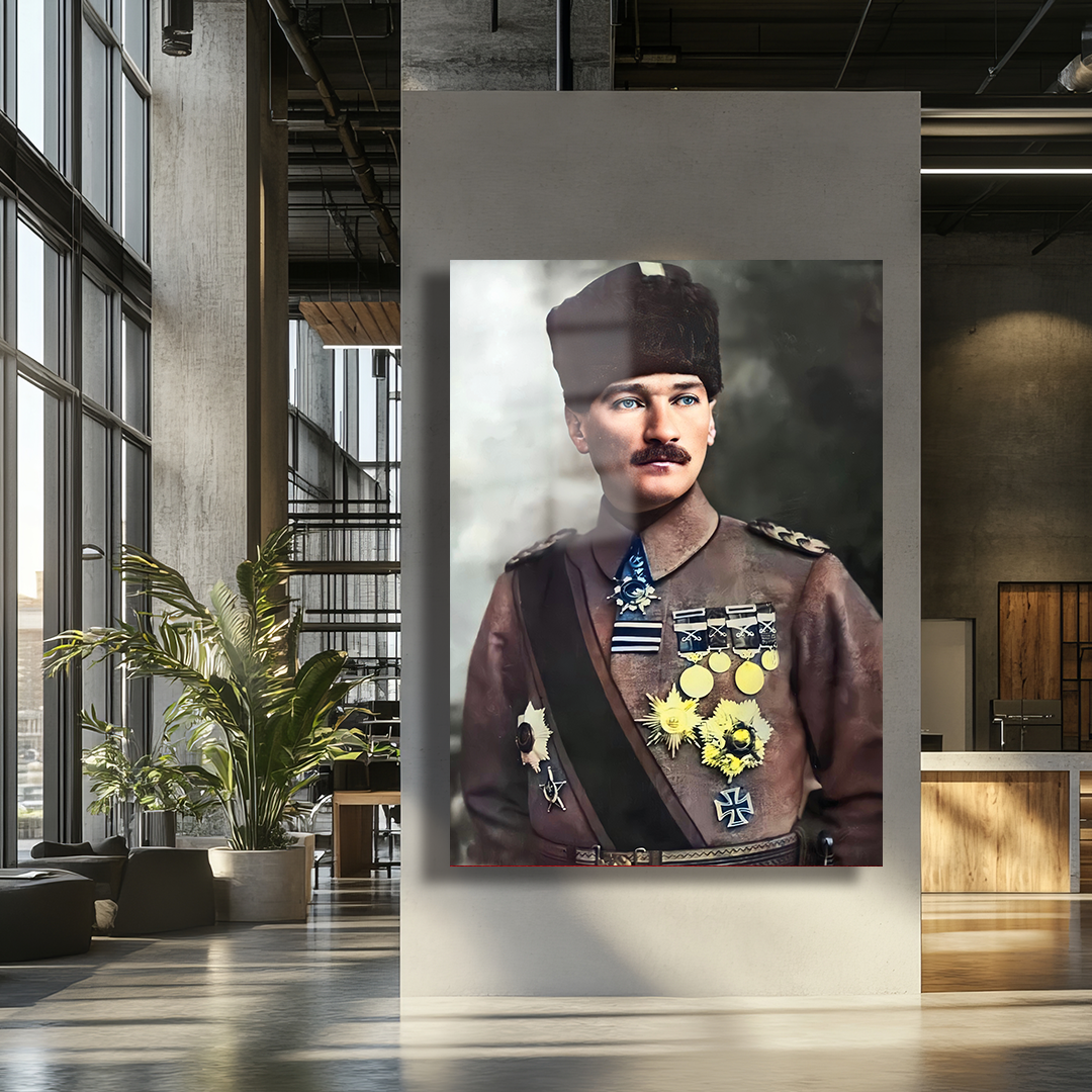 MUSTAFA KEMAL ATATURK IN MILITARY UNIFORM THEMED GLASS PAINTING