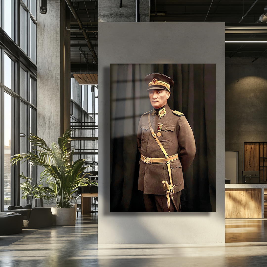 GLASS PAINTING WITH MUSTAFA KEMAL ATATÜRK IN MILITARY UNIFORM
