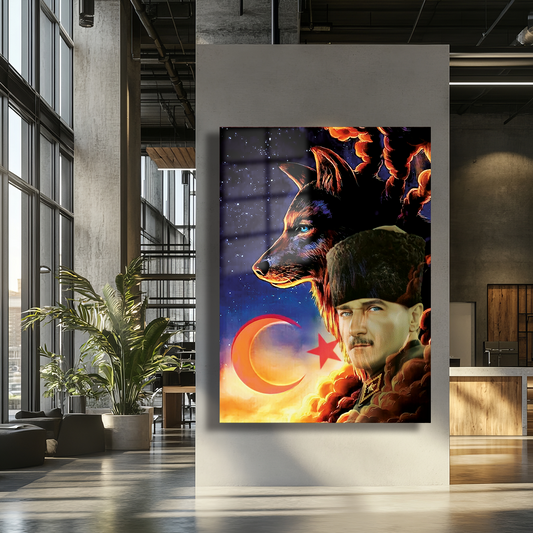 AYYILDIZ KURT AND MUSTAFA KEMAL ATATÜRK THEMED GLASS PAINTING