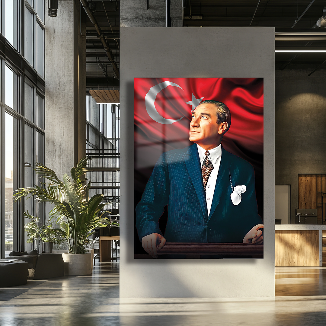 TURKISH FLAG MUSTAFA KEMAL ATATURK THEMED GLASS PAINTING