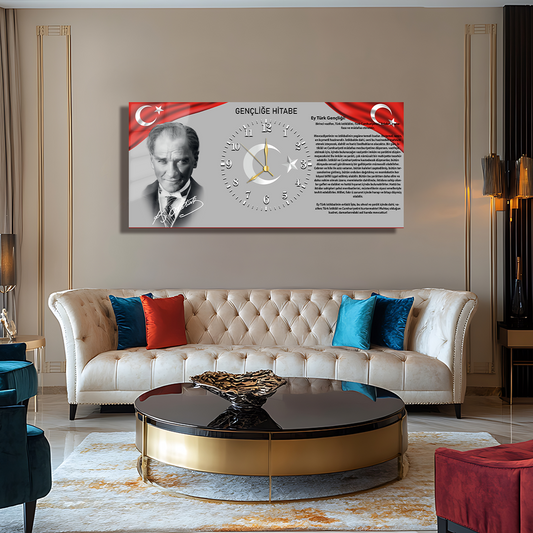 GENÇLİĞE HİTABE MUSTAFA KEMAL ATATÜRK İÇERİKLİ SAATLİ CAM TABLO
