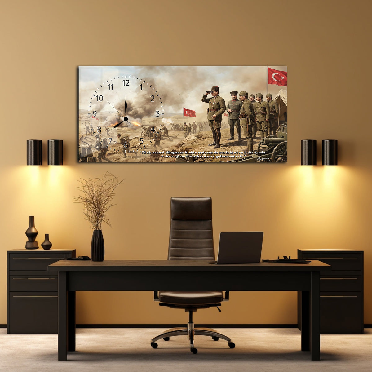 MUSATAFA KEMAL ATATÜRK CEPHEDE GEZERKEN SAATLİ CAM TABLO