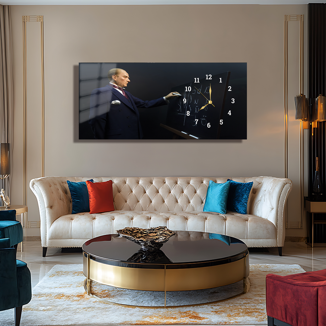 MUSATAFA KEMAL ATATÜRK HARF İNKİLABI İÇERİKLİ SAATLİ CAM TABLO