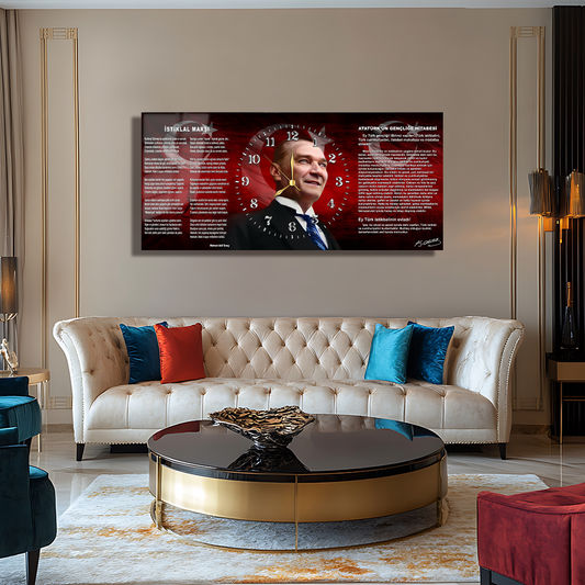 İSTİKLAL MARŞI GENÇLİĞE HİTABE MUSTAFA KEMAL ATATÜRK İÇERİKLİ SAATLİ CAM TABLO (Kopya) (Kopya)