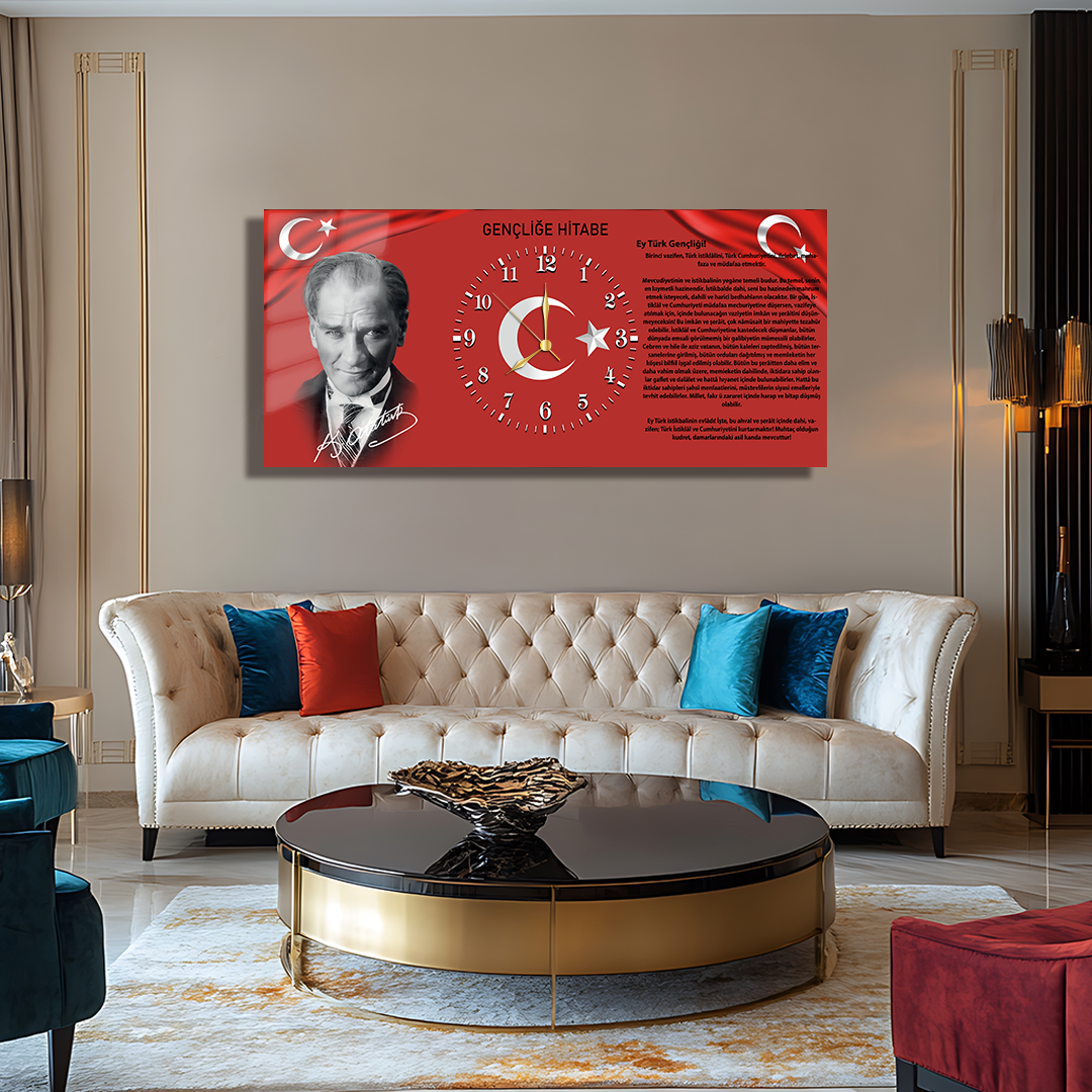 GLASS TABLE WITH CLOCK AND MUSATAFA KEMAL ATATÜRK CONTENT
