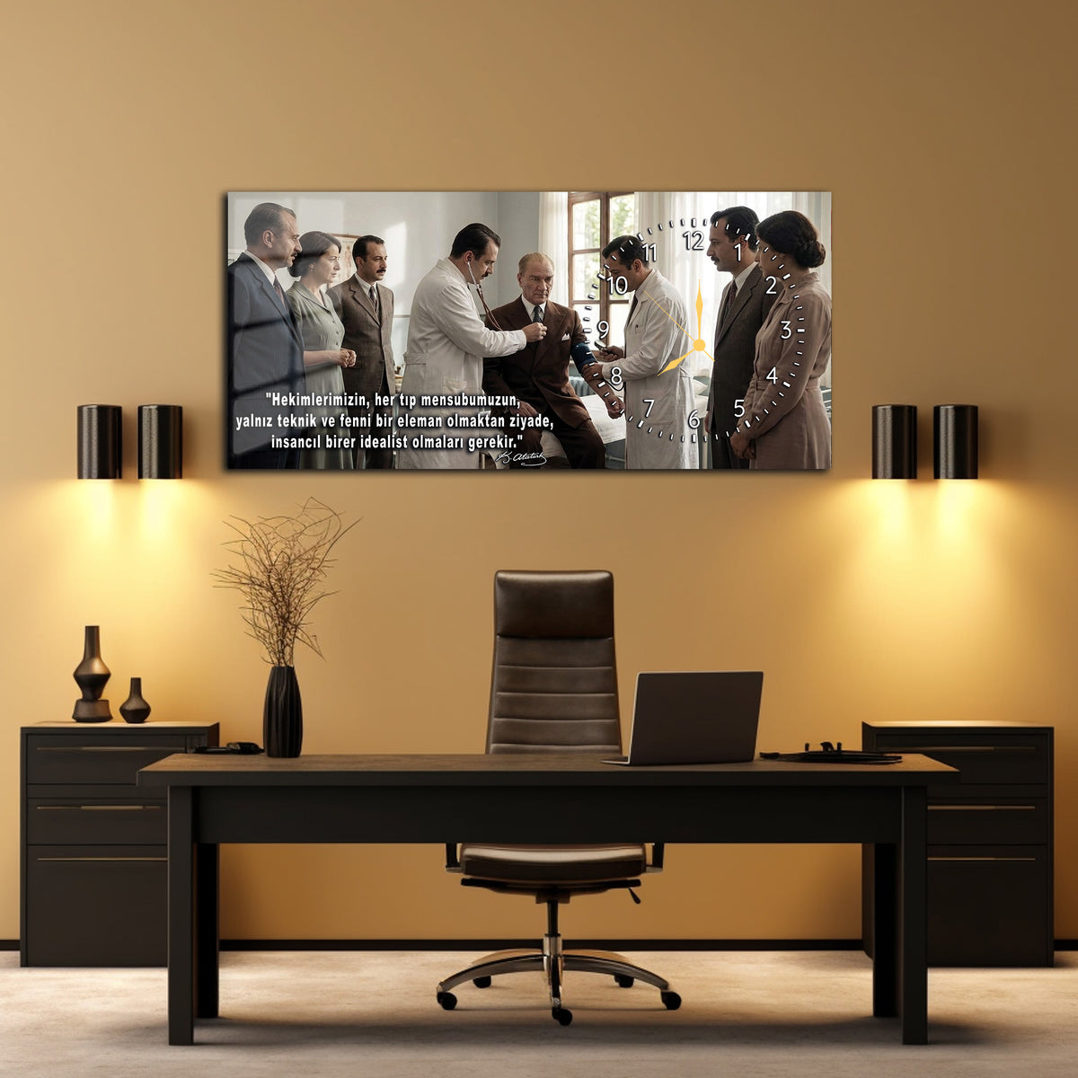 MUSATAFA KEMAL ATATÜRK TÜRK DOKTORLARINA TEDAVİ OLURKEN SAATLİ CAM TABLO