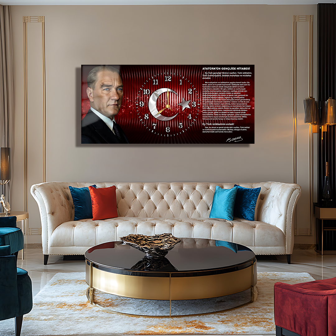 GLASS TABLE WITH CLOCK AND MUSATAFA KEMAL ATATÜRK CONTENT
