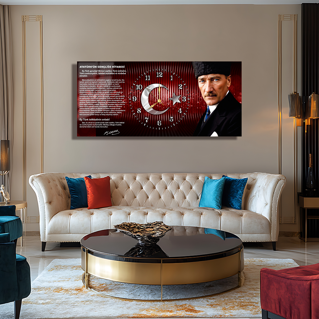 GLASS TABLE WITH CLOCK AND MUSATAFA KEMAL ATATÜRK CONTENT