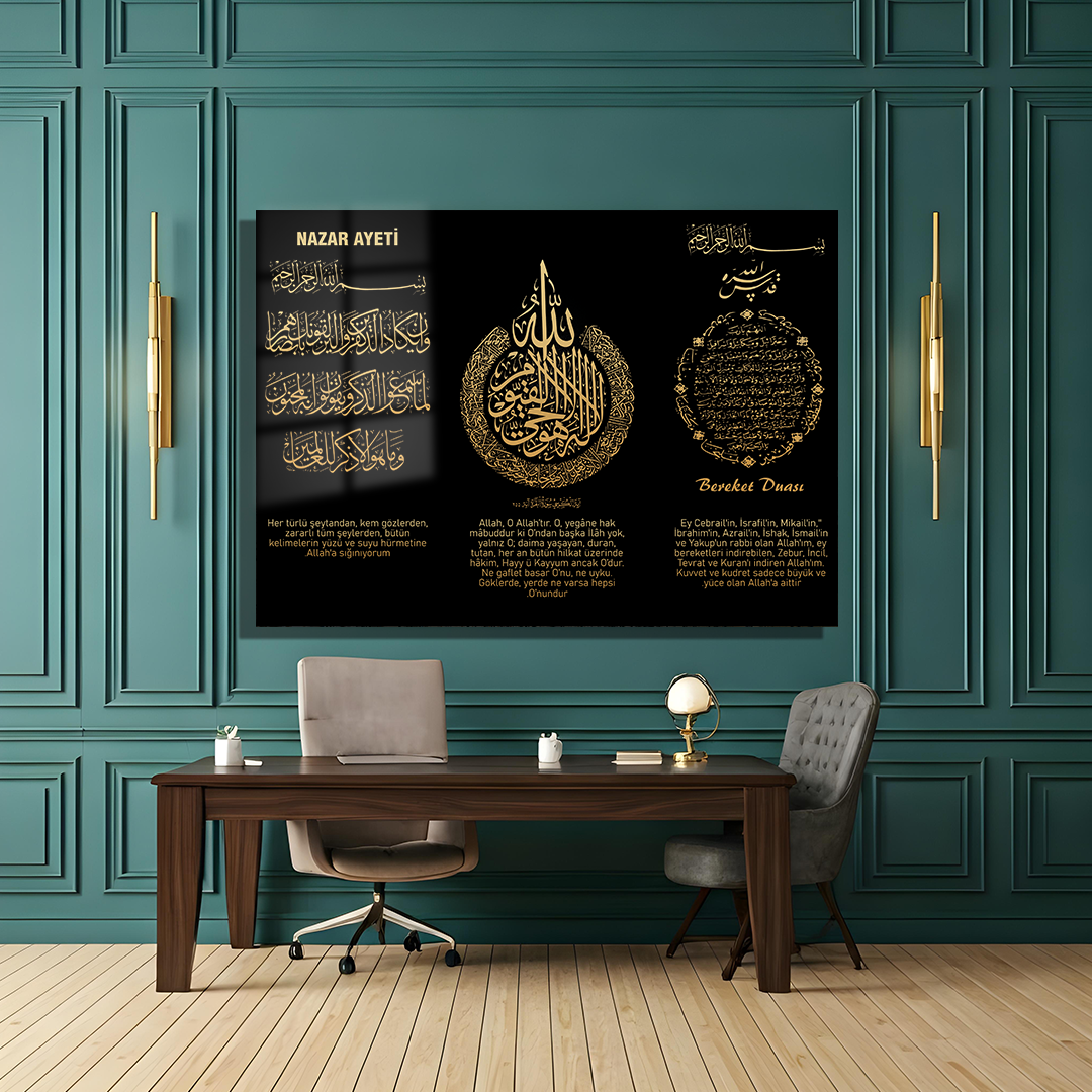 GLASS TABLE WITH EVIL EYE VERSE, PRAYER OF BLESSINGS AND VERSE OF KURSI