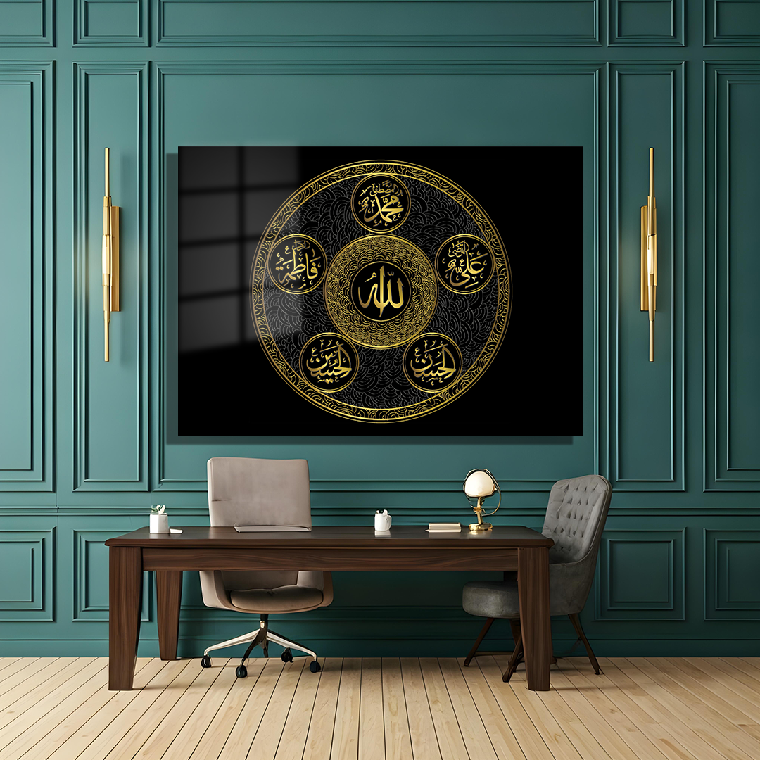 ALLAH CC MUHAMMET SAV HZ. FATIMA HZ. ALI HZ. HASAN HZ. HUZEIN WRITING ON GLASS PAINTING