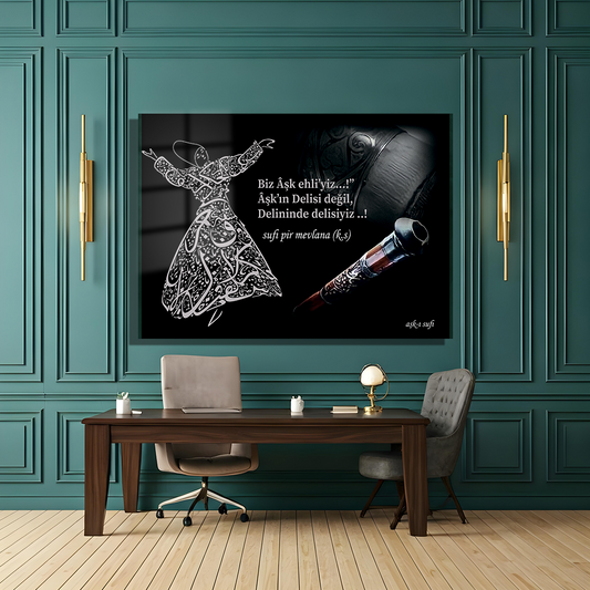 GLASS TABLE WITH MEVLEVI IMAGE AND MEVLANA'S WORDS