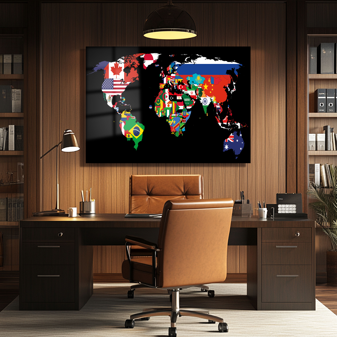 COLORFUL WORLD MAP THEMED GLASS TABLE