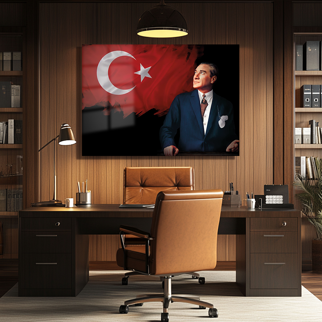 TURKISH FLAG GLASS PAINTING WITH MUSTAFA KEMAL ATATÜRK IMAGE