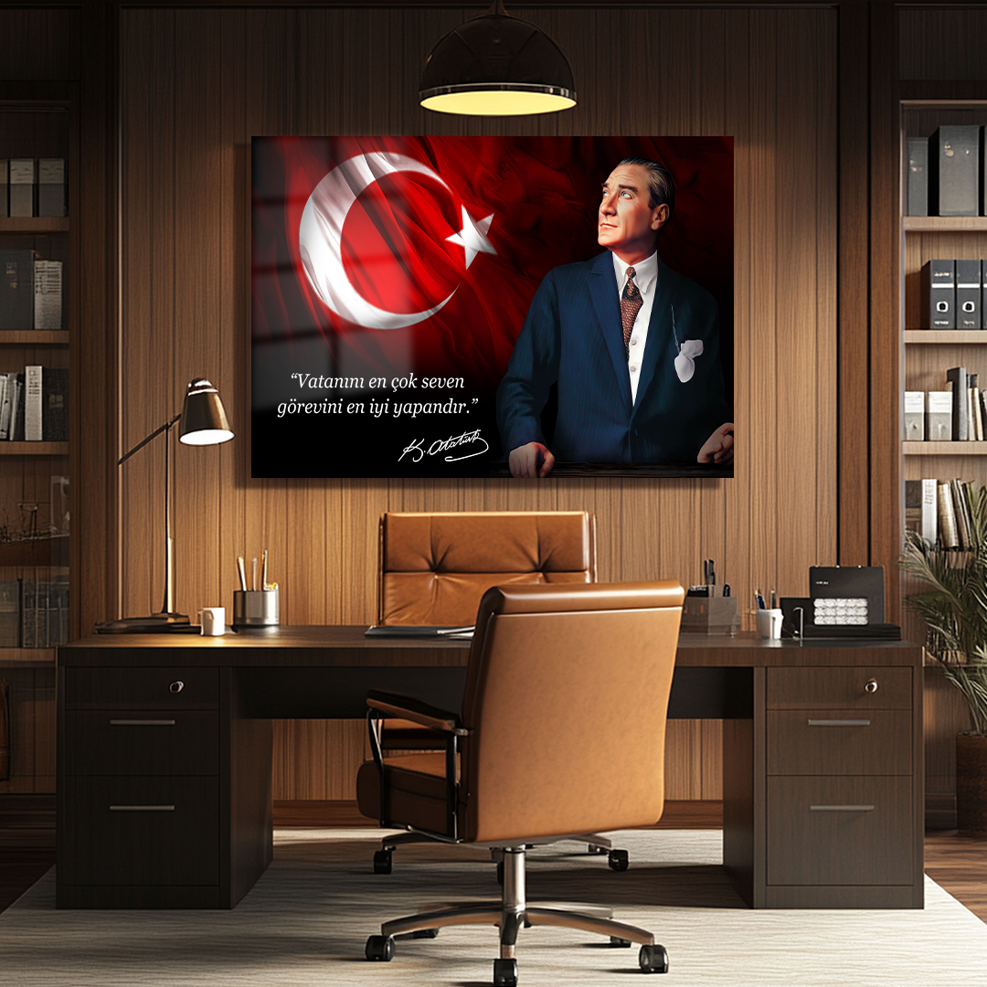 TURKISH FLAG GLASS TABLE WITH THE INSCRIPTION "THE ONE WHO LOVES HIS COUNTRY MOST IS THE ONE WHO DOES HIS DUTY BEST"