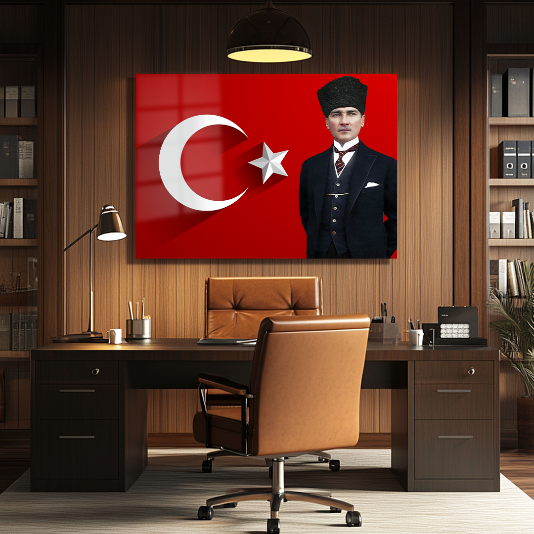 TURKISH FLAG GLASS PAINTING WITH MUSTAFA KEMAL ATATÜRK IMAGE