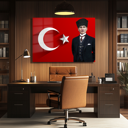 TURKISH FLAG GLASS PAINTING WITH MUSTAFA KEMAL ATATÜRK IMAGE